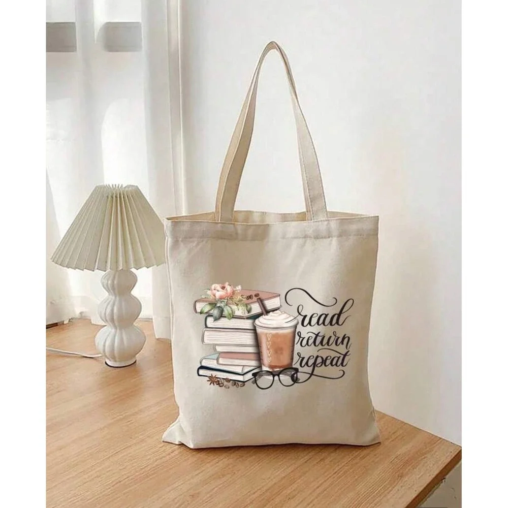 Read Return Repeat Canvas Tote Bag Book Lover Coffee Graphic Library Shopper